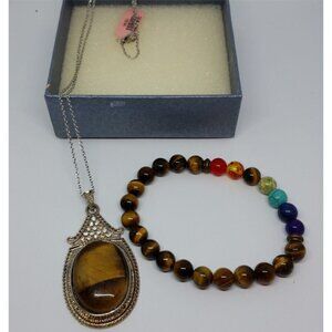CURATED bundle tiger's eye long pendant chain necklace and stretch bracelet.